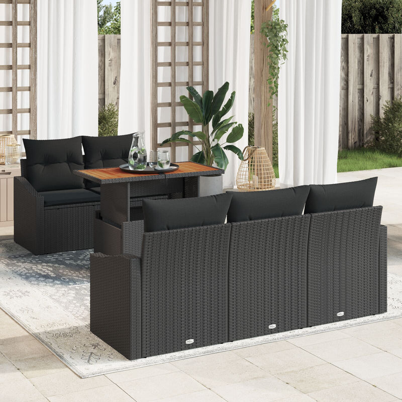 vidaXL 6 Darabos Kerti Étkező Szett Párnákkal Fekete Poly Rattan Akác