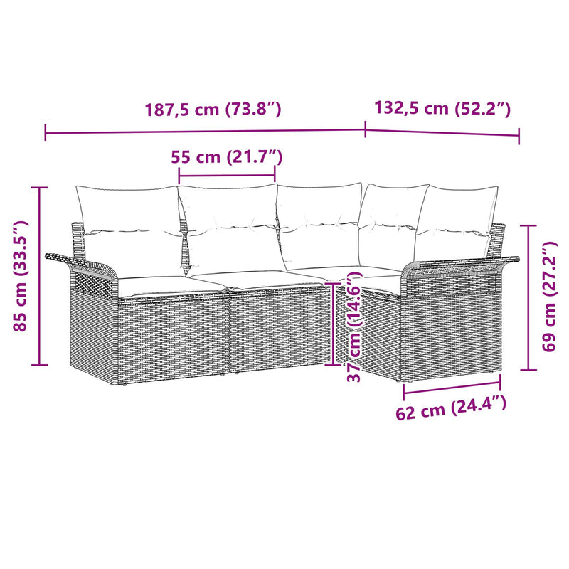 vidaXL 4 Darabos Kert Kanapé Szett Párnákkal Fekete Poli Rattan