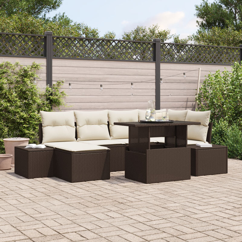 vidaXL Kerti Sofa Készlet 7 darabos Barna Rattan, Poliészter