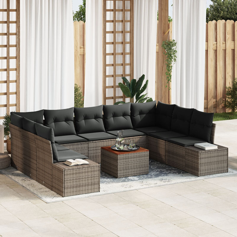 vidaXL 10 Részes Kerti Kanapé Szett Párnákkal Szürke Poly Rattan Akáciából