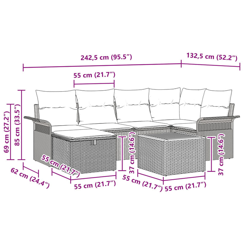 vidaXL 7 Darabos Kerti Kanapészett Párnákkal Bézs Poli Rattan