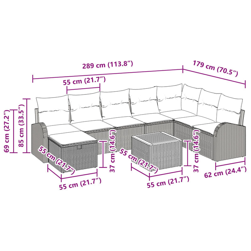 vidaXL 9 db-os Kert Sofa Szett Párnákkal Fekete Poli Rattan