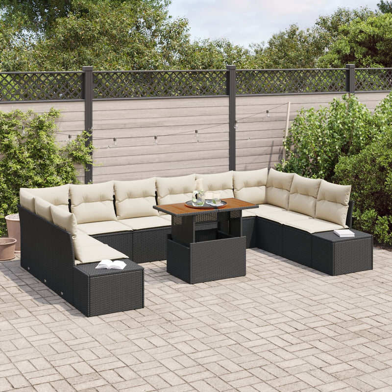 vidaXL 11 Darabos Kerti Kanapészett Párnákkal Fekete Poly Rattan