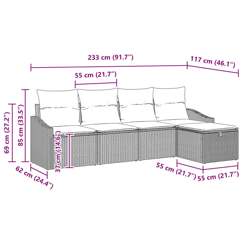 vidaXL 5 darabos Kert Kanapékészlet párnákkal Barna Poly Rattan