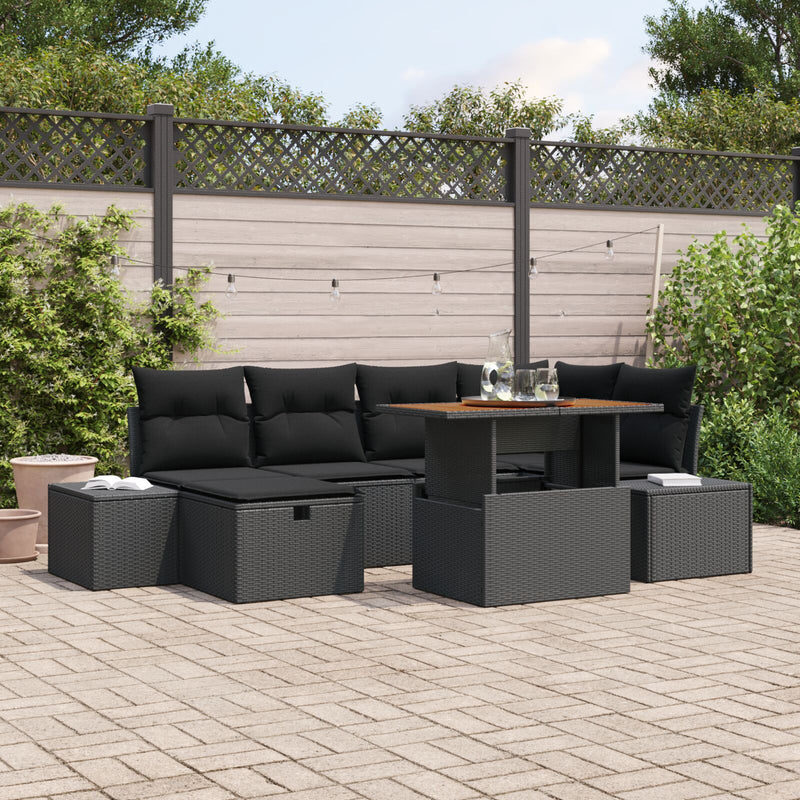 vidaXL 7 darabos Kerti Étkező Garnitúra Párnákkal Fekete Poly Rattan Akácia