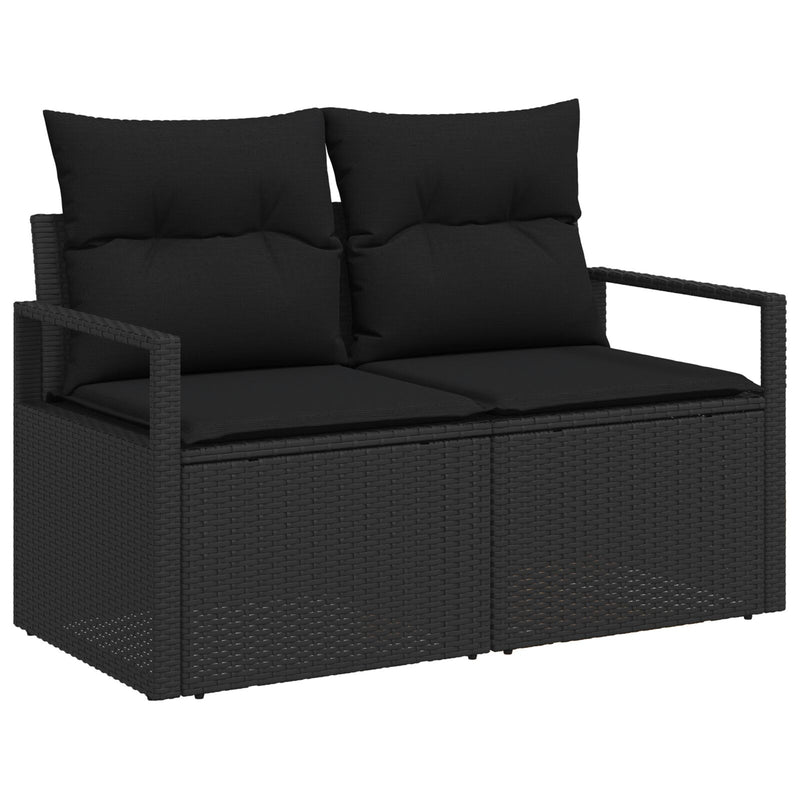 vidaXL 2-személyes Kerti Kanapé Párnákkal Fekete Poli Rattan