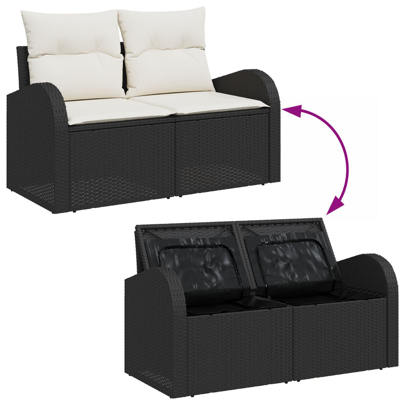 vidaXL 2-Személyes Kert Kanapé Tárolóval & Párnákkal Fekete Poli Rattan