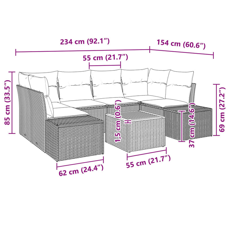 vidaXL 7 darabos Kert Sofa Szett párnákkal Fekete Poli Rattan Akác