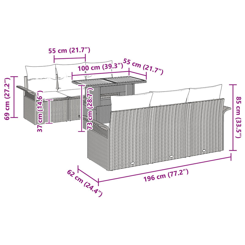 vidaXL Kertibútor Szett 7 részes Szürke Rattan 7 részes kertibútor szett