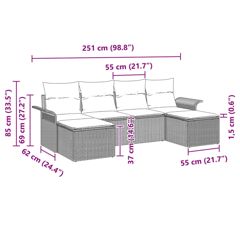 vidaXL 6 db-os Kert Sofa Készlet Párnákkal Barna Poli Rattan