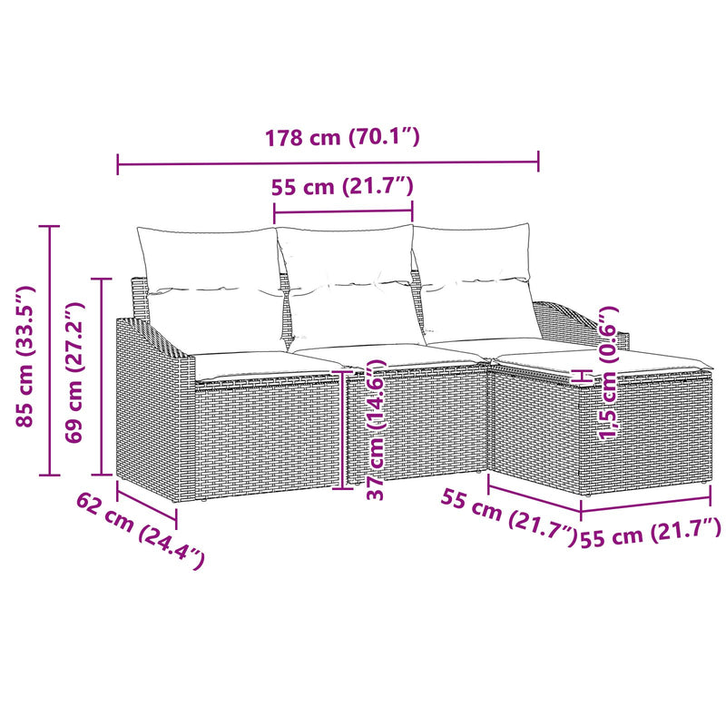 vidaXL 4 részes kerti kanapé szett párnákkal szürke poli rattan