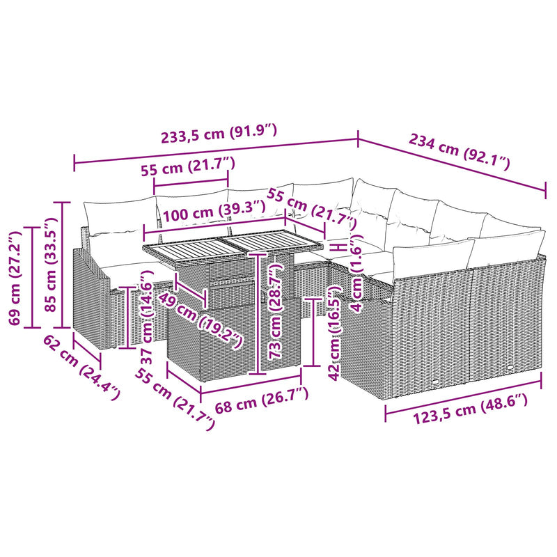 vidaXL Kerti Sofa Szett 9 Darabos Fekete Poli Rattan, Acél Kerti Sofa