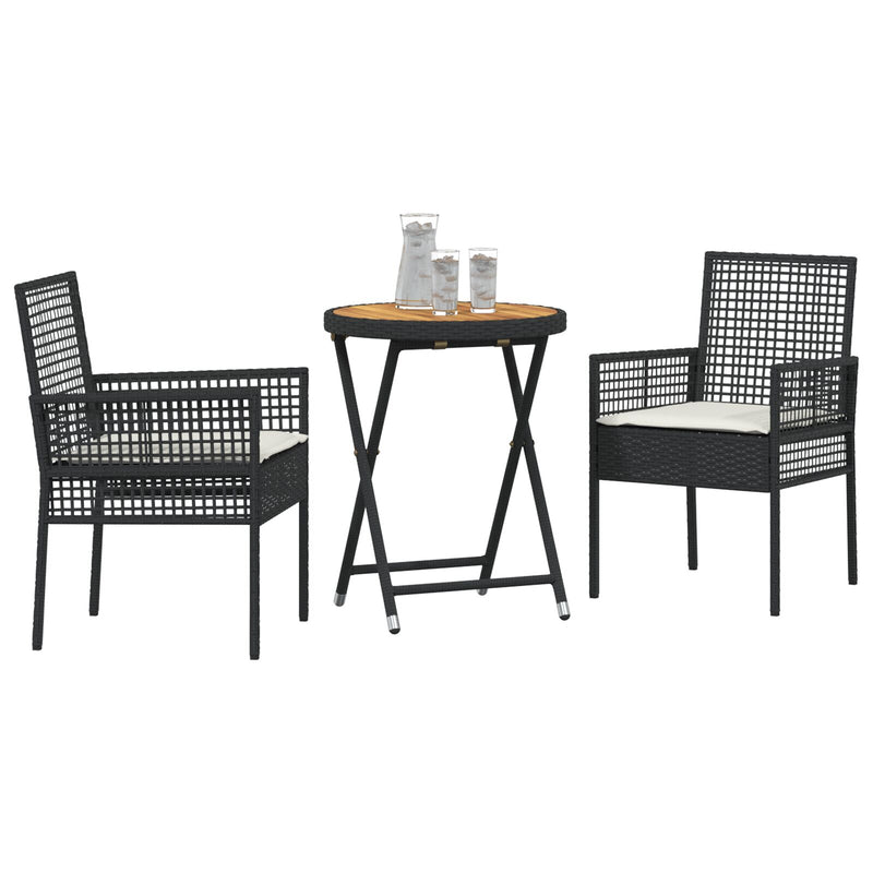 vidaXL 3 részes kert bistró szett párnákkal fekete poly rattan
