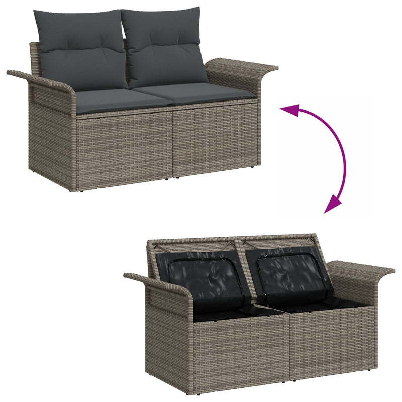 vidaXL 2-Fős Kerti Kanapé Tárolóval és Párnákkal Szürke Poly Rattan