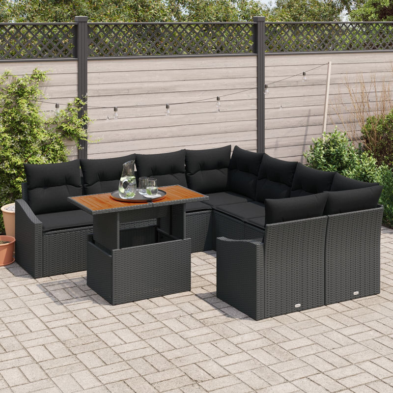 vidaXL 9 részes kertkanapé szett párnákkal, fekete poly rattan