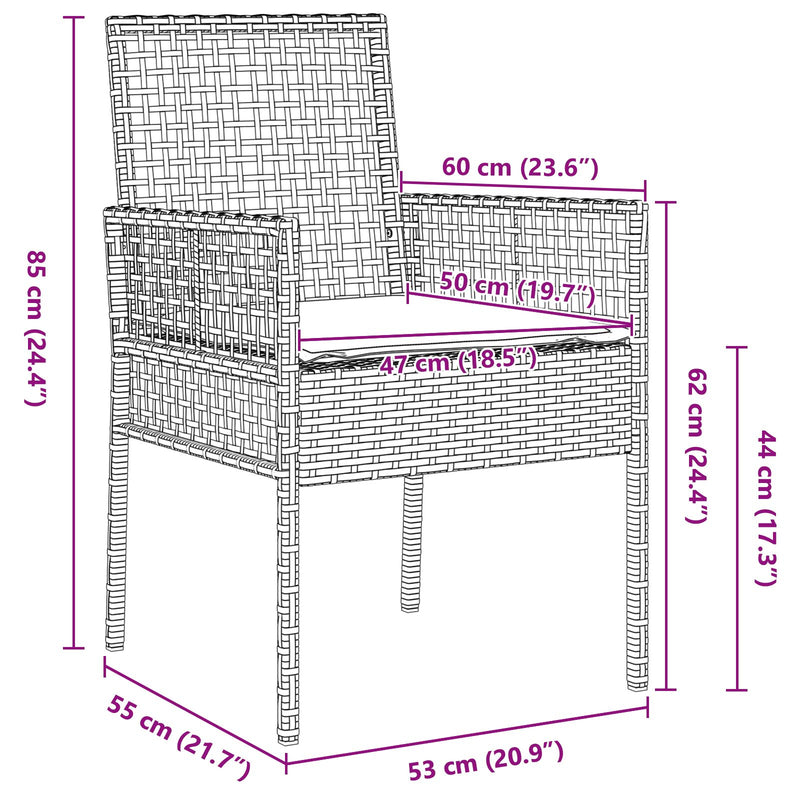 vidaXL 3 részes kert bistró szett párnákkal fekete poly rattan