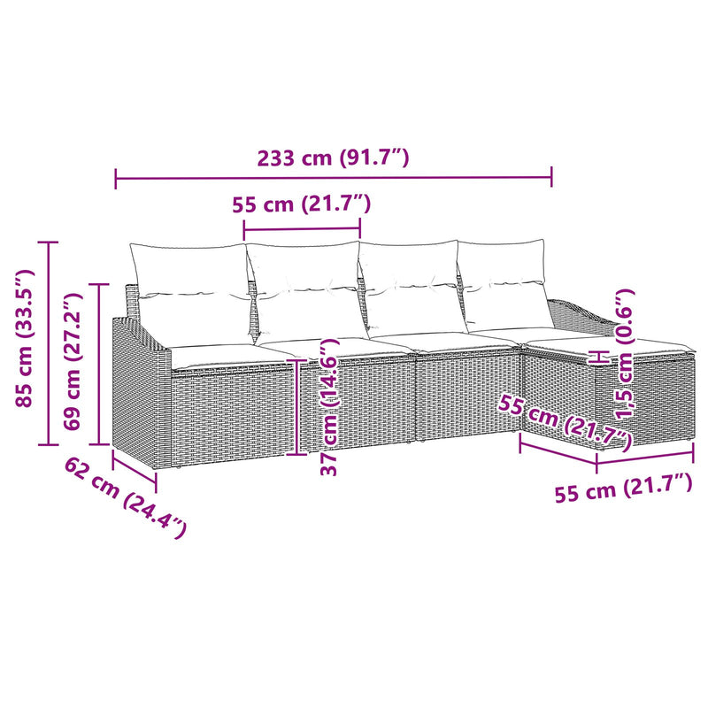 vidaXL Kert Kanapé Szett 5 részes Fekete Rattan, poliészter párnák