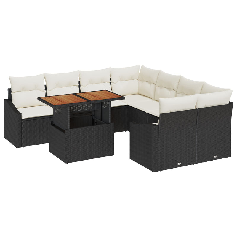 vidaXL 9 Darabos Kerti Kanapészett Párnákkal Fekete Poly Rattan