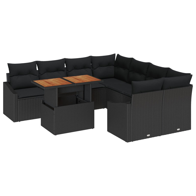 vidaXL 9 részes kertkanapé szett párnákkal, fekete poly rattan
