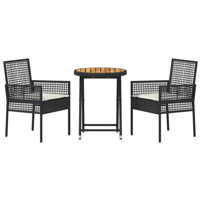vidaXL 3 részes kert bistró szett párnákkal fekete poly rattan