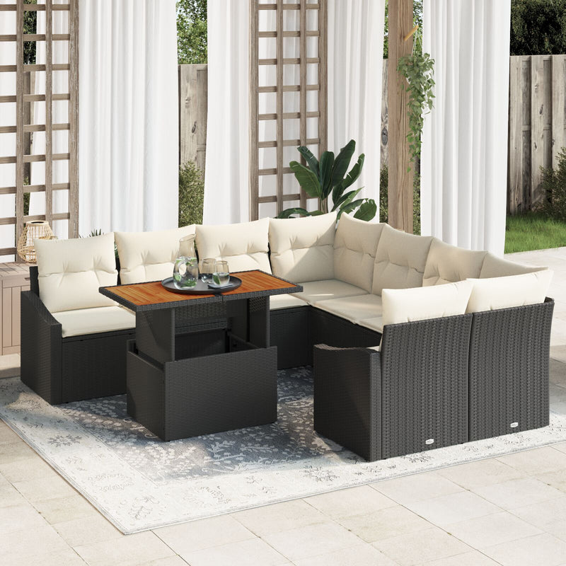 vidaXL 9 Darabos Kerti Kanapészett Párnákkal Fekete Poly Rattan