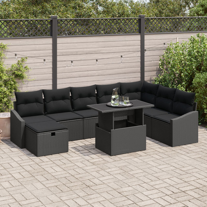 vidaXL 9 Darabos Kerti Kanapé Szett Párnákkal Fekete Poly Rattan