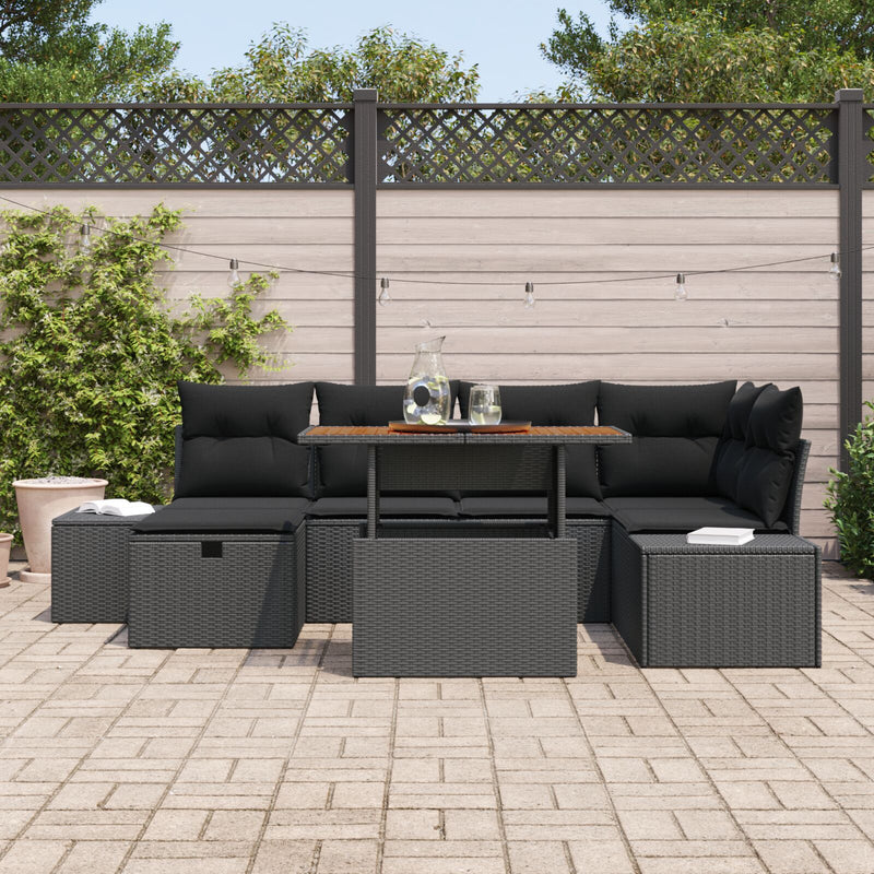vidaXL 7 darabos Kerti Étkező Garnitúra Párnákkal Fekete Poly Rattan Akácia