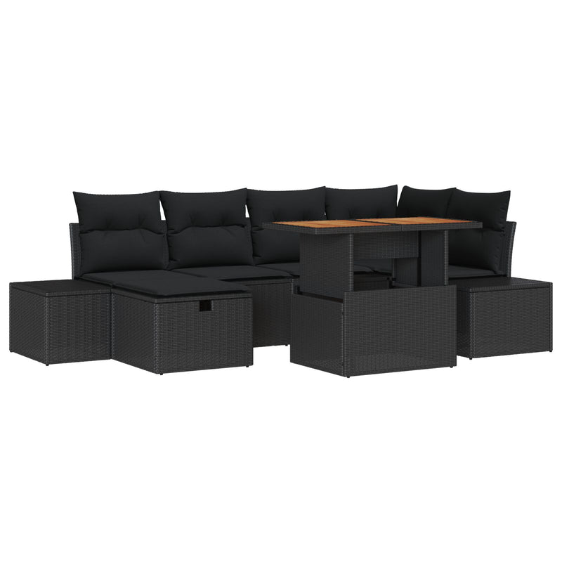 vidaXL 7 darabos Kerti Étkező Garnitúra Párnákkal Fekete Poly Rattan Akácia