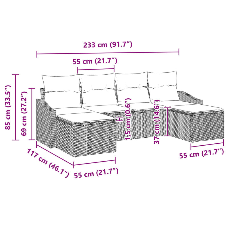 vidaXL Kert Kanapé Szett 6 db Fekete Poli Rattan Kültéri Bútor
