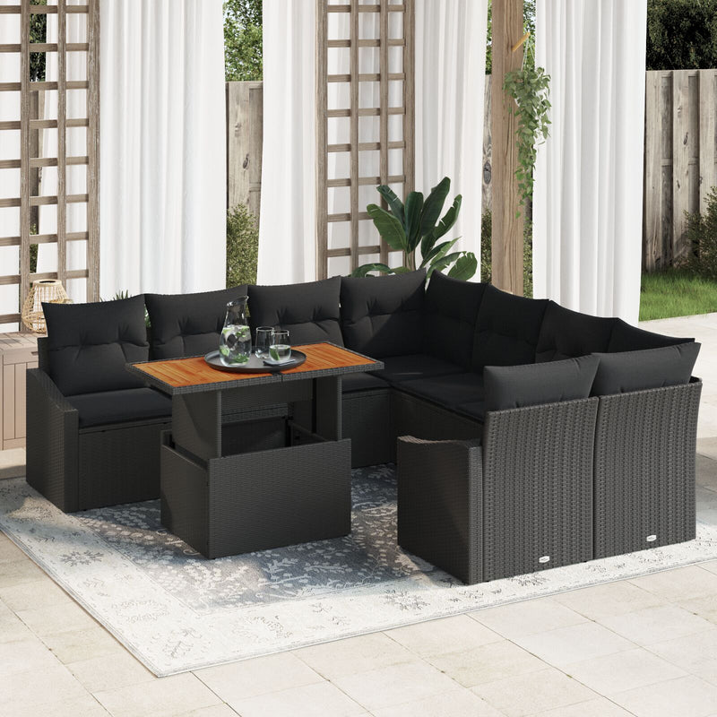 vidaXL Kerti Sofa Szett 9 Darabos Fekete Poli Rattan, Acél Kerti Sofa