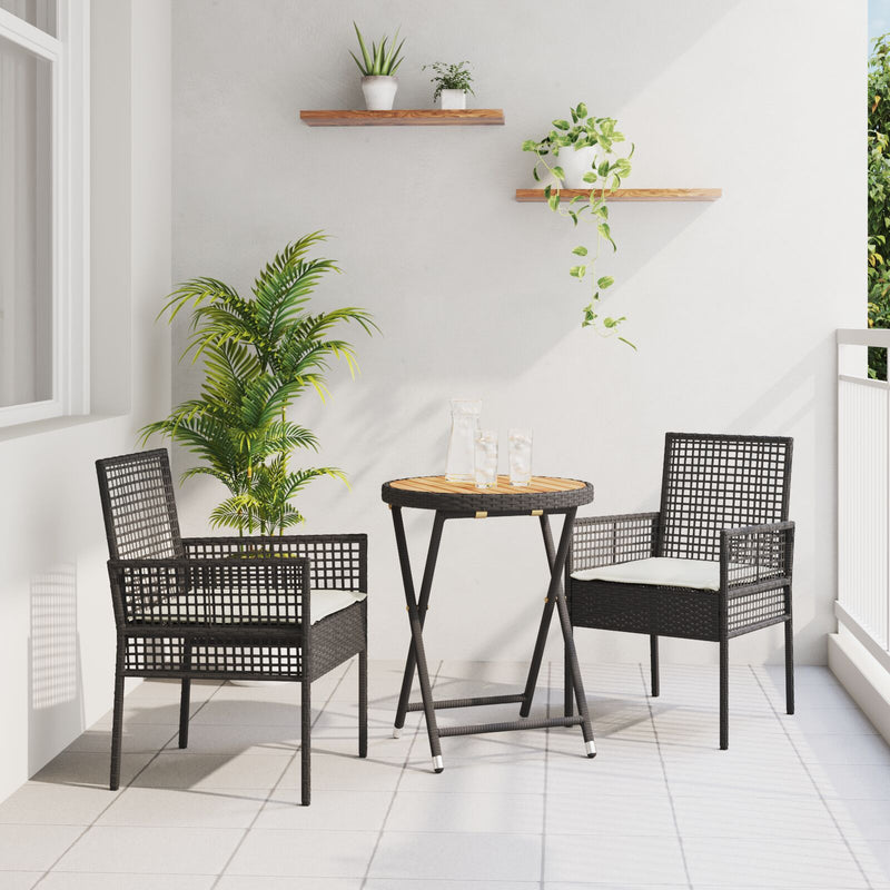 vidaXL 3 részes kert bistró szett párnákkal fekete poly rattan