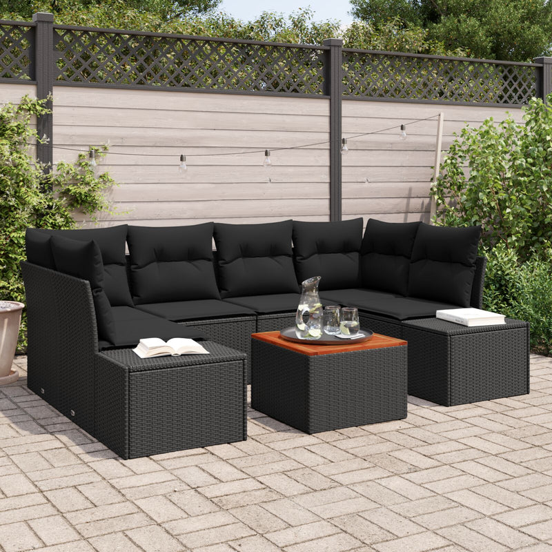 vidaXL 7 darabos Kert Sofa Szett párnákkal Fekete Poli Rattan Akác