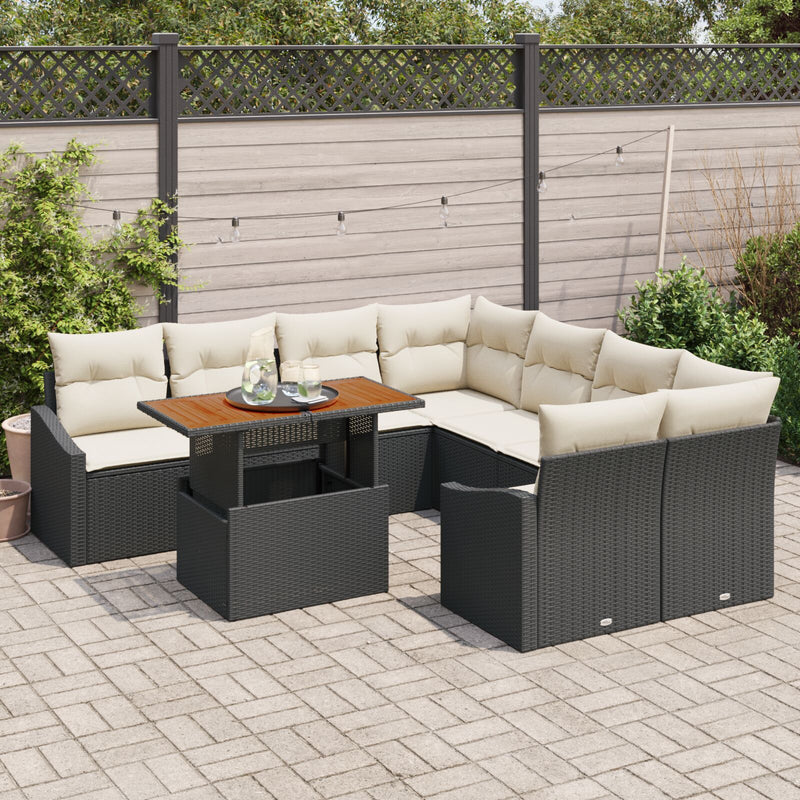 vidaXL 9 Darabos Kerti Kanapészett Párnákkal Fekete Poly Rattan