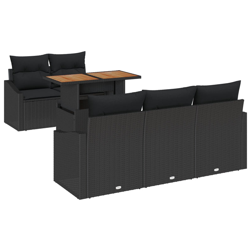 vidaXL 6 Darabos Kerti Étkező Szett Párnákkal Fekete Poly Rattan Akác