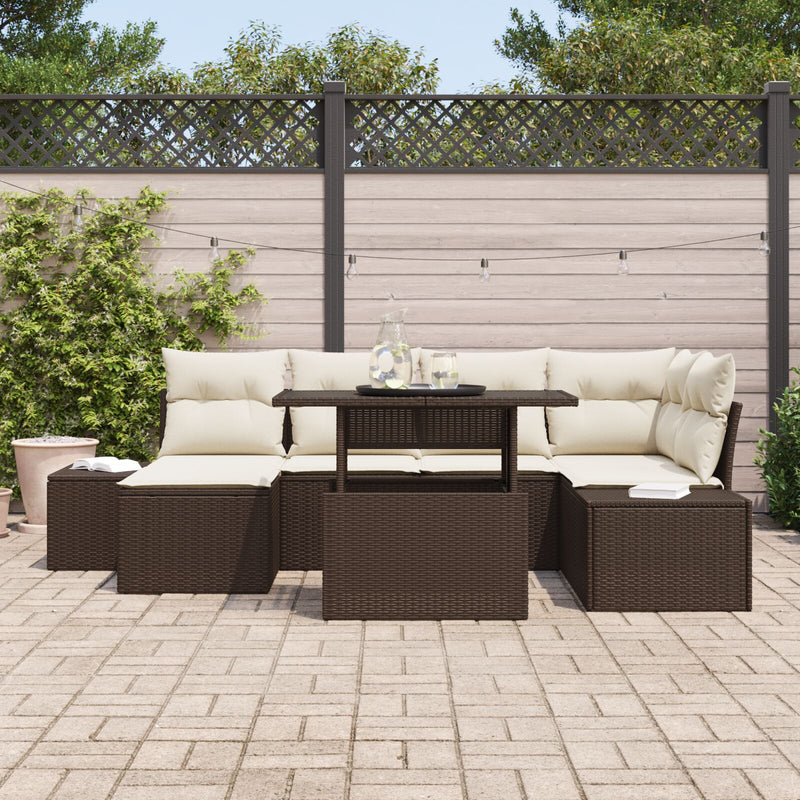 vidaXL Kerti Sofa Készlet 7 darabos Barna Rattan, Poliészter
