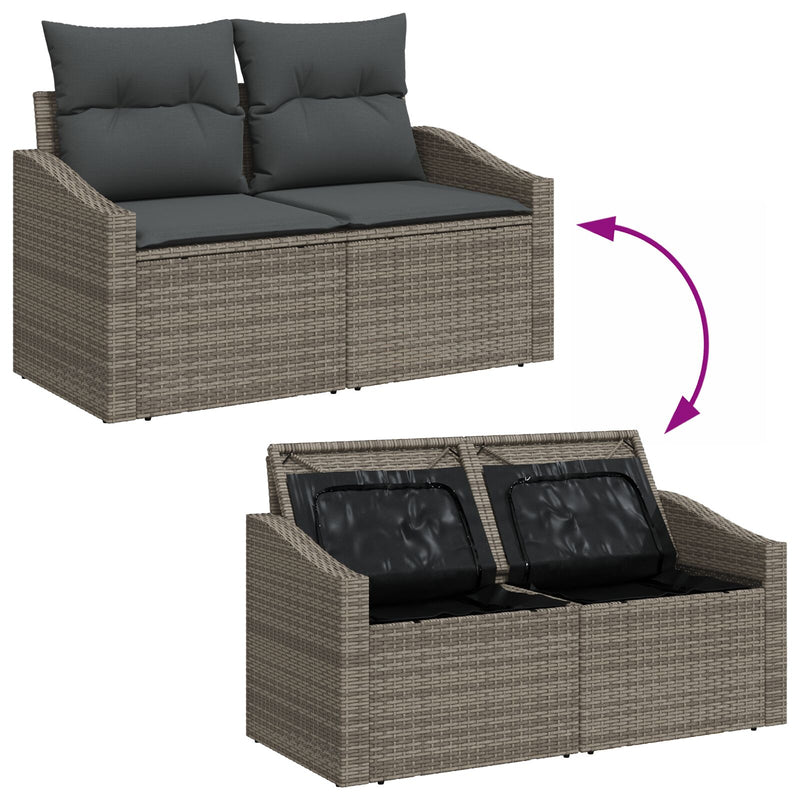 vidaXL 2-fős Kertisofa Tárolóval és Párnákkal Szürke Poly Rattan