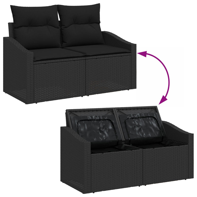 vidaXL 2 férőhelyes kertiszófa tárolóval és párnákkal, fekete poli rattan