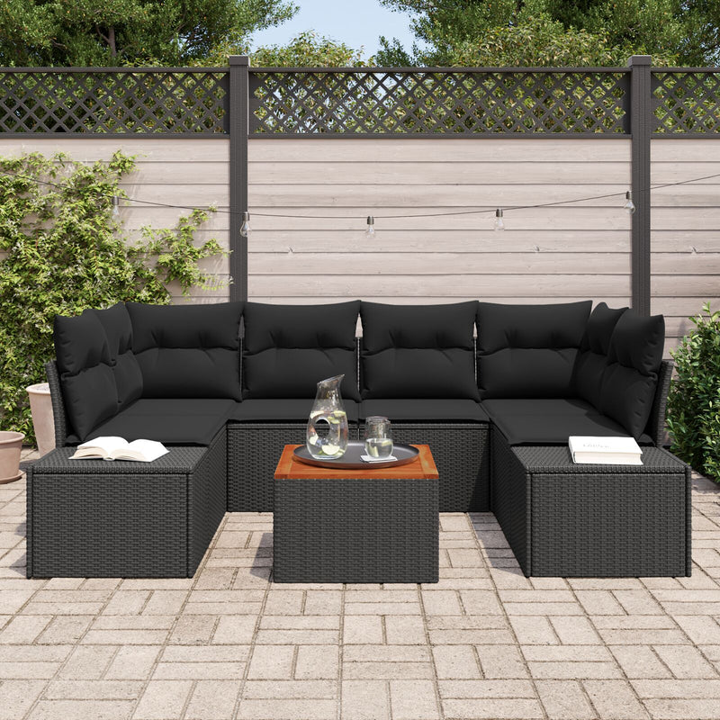 vidaXL 7 darabos Kert Sofa Szett párnákkal Fekete Poli Rattan Akác