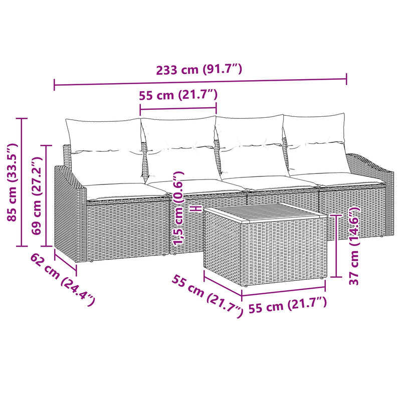 vidaXL 5 darabos Kerti Kanapé Szett Párnákkal Szürke Poli Rattan Akác