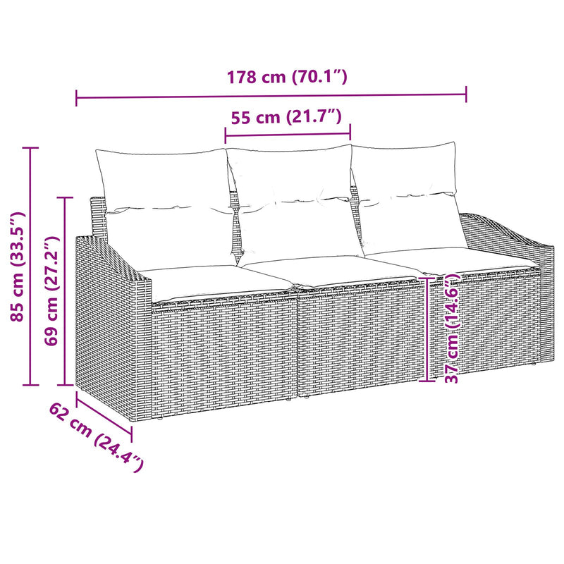vidaXL Kert kanapé szett 3 darabos Fekete Rattan Kültéri kanapé