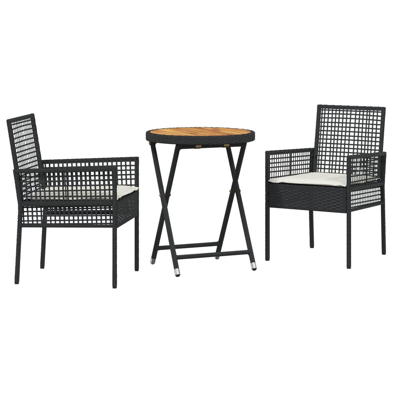 vidaXL 3 részes kert bistró szett párnákkal fekete poly rattan
