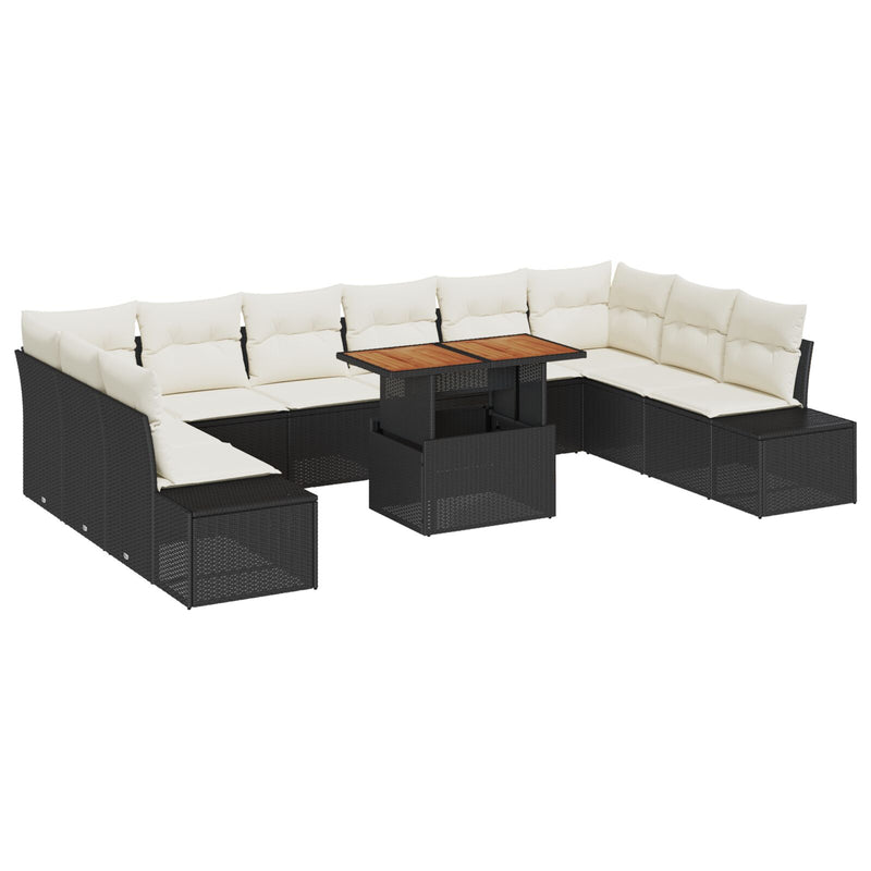 vidaXL 11 Darabos Kerti Kanapészett Párnákkal Fekete Poly Rattan