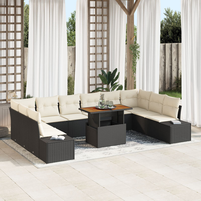 vidaXL 11 Darabos Kerti Kanapészett Párnákkal Fekete Poly Rattan