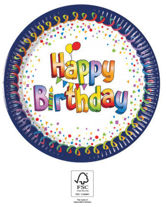Happy Birthday Multicolor papírtányér 8 db-os 20 cm FSC, J-PNN93493