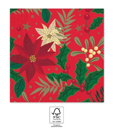 Karácsonyi Holly Poinsettia szalvéta 20 db-os 33x33 cm FSC, J-PNN95379