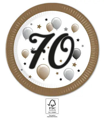 Happy Birthday 70 Milestone papírtányér 8 db-os 23 cm FSC, J-PNN95618