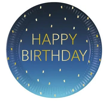 Happy Birthday Golden Blue papírtányér 8 db-os 23 cm FSC, J-PNN96620