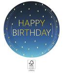 Happy Birthday Golden Blue papírtányér 8 db-os 23 cm FSC, J-PNN96620