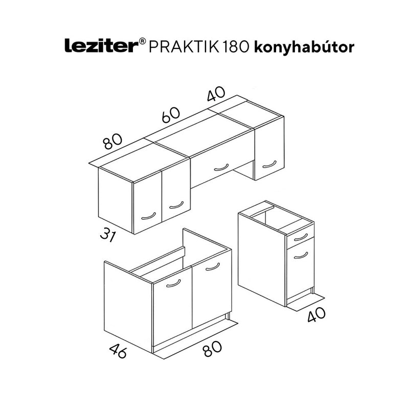 Praktik 180 konyhabútor, fehér korpusz, fehér front