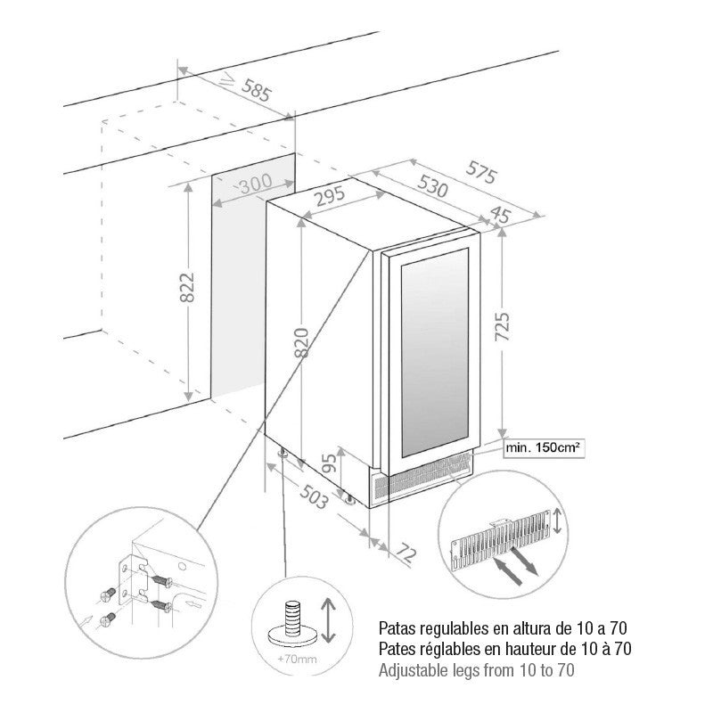 Pando PVMB 30-16XL borhűtő - pult alá építhető, inox, balos